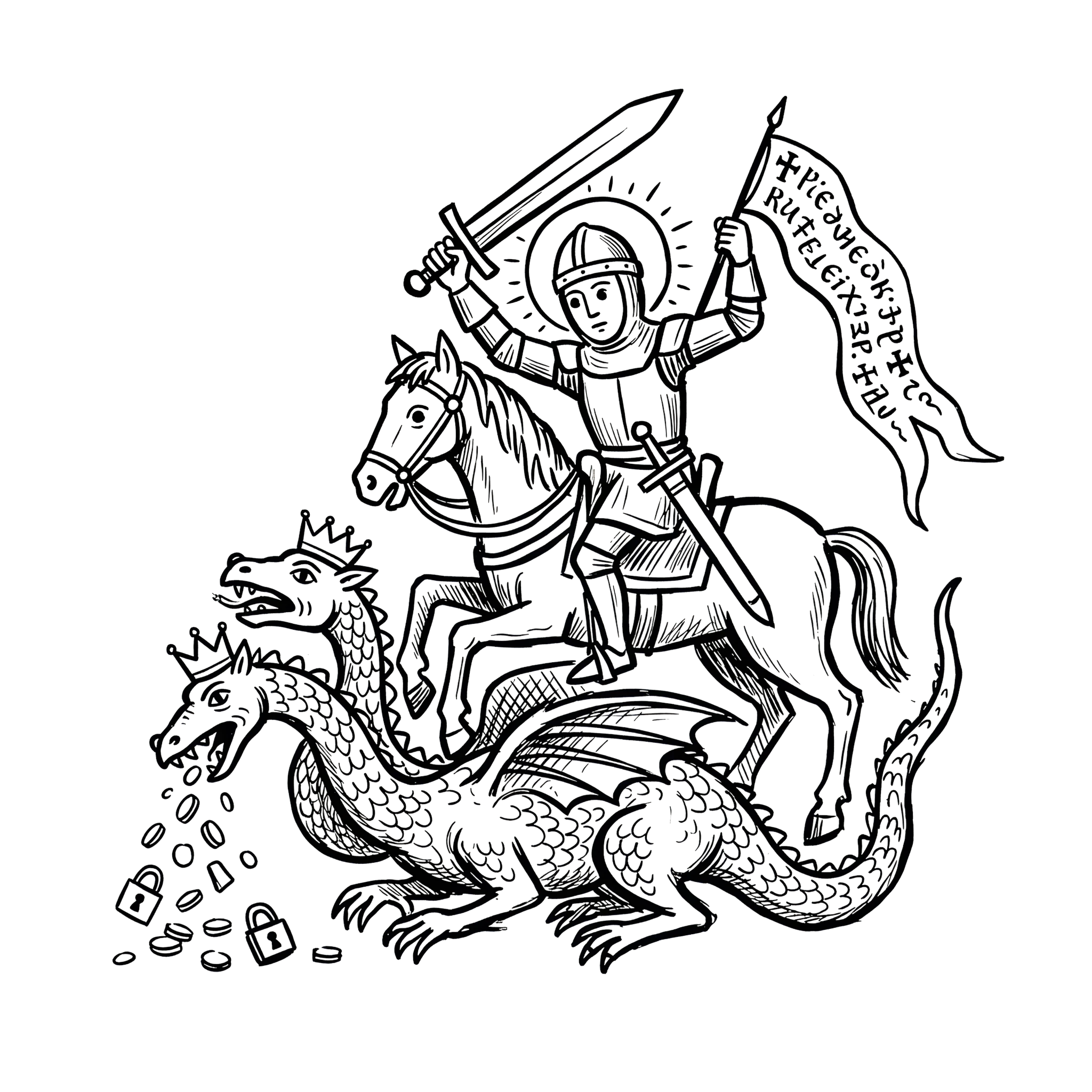 Knight on horseback defeating a three-headed dragon representing streaming, ticketing, and social media platforms